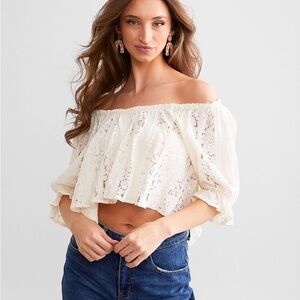 Free People Cream Off-Shoulder Lace Crop Top
